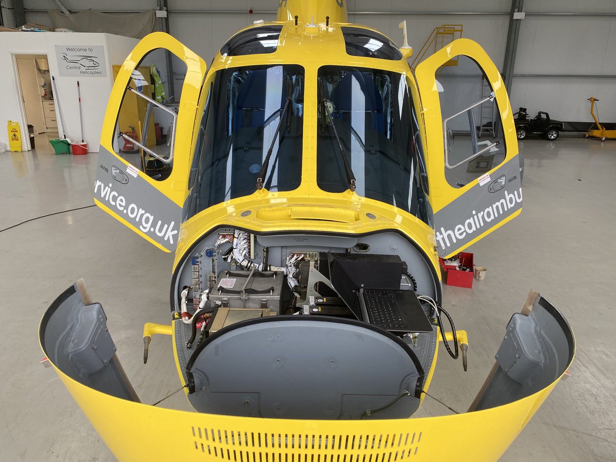 HM54: The engineering team from ⁦<a href="/SloaneHeli/">Sloane Helicopters</a>⁩ undertook scheduled servicing of our aircraft recently. Safety is always the priority, and the team of 4 engineers inspected every part of the heli to ensure it is ready to support ⁦<a href="/EMASNHSTrust/">East Midlands Ambulance Service NHS Trust</a>⁩ ⁦<a href="/OFFICIALWMAS/">West Midlands Ambulance Service #HelpUsHelpYou</a>⁩