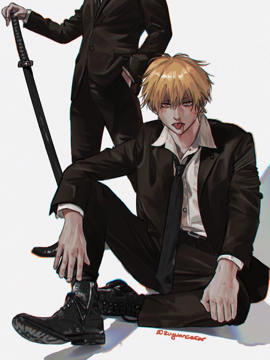 denji (chainsaw man) necktie formal suit black necktie blonde hair tongue out weapon  illustration images