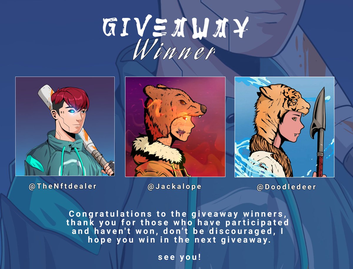 WINNER!!!🎊

Congratulations to these 3 winners

Renjirou #59 - @thenftdealer (IG)
Renjirou #26 - <a href="/0xJackalope/">Matthew William</a>
Renjirou #07 - <a href="/doodledeers/">Doodledeers x Pixelbear 👑</a>

Thank you for those of you who have entered this giveaway.
phase 2 is over, it's time to go to phase 3

#NFTs #nftcollector #NFTCommuntiy
