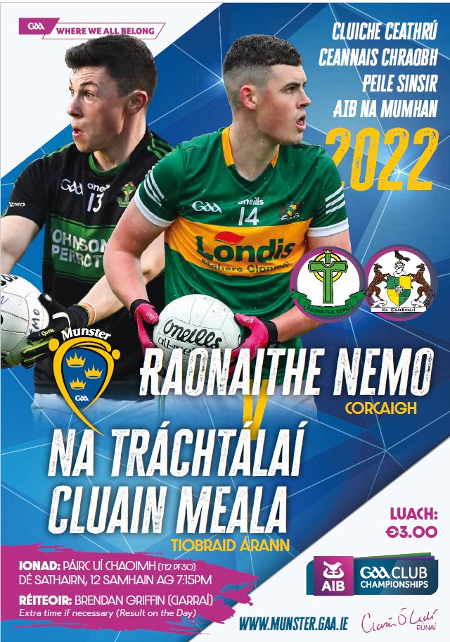 MunsterGAA's tweet photo. AIB Munster Club SFC Q-Final – Nemo Rangers (Cork) v Clonmel Commercials (Tipperary) - Saturday Nov 12th at 7:15pm in Páirc Uí Chaoimh.

Buy tickets now from participating Centra / Supervalu outlets or via the link below. 
Note: No cash sales at the venue

https://t.co/5AJgoqpjTK https://t.co/VRJpFPX6k1
