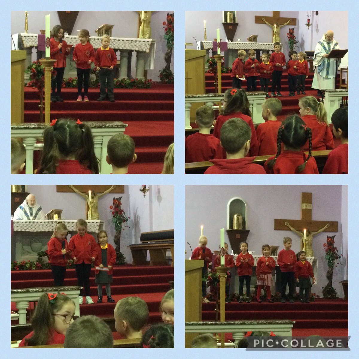 dosbarth_un's tweet photo. Rydyn ni wedi paratoi Offeren heddiw. We prepared and led Mass with @Dosbarth3 and @DosbarthDau today. We enjoyed sharing our message of peace with our Parish family. #CollectiveWorshipYES #CatholicLifeandMissionYES #faithlife #parishcommunity #schoolparishlinks https://t.co/Zwct8iLQ4a