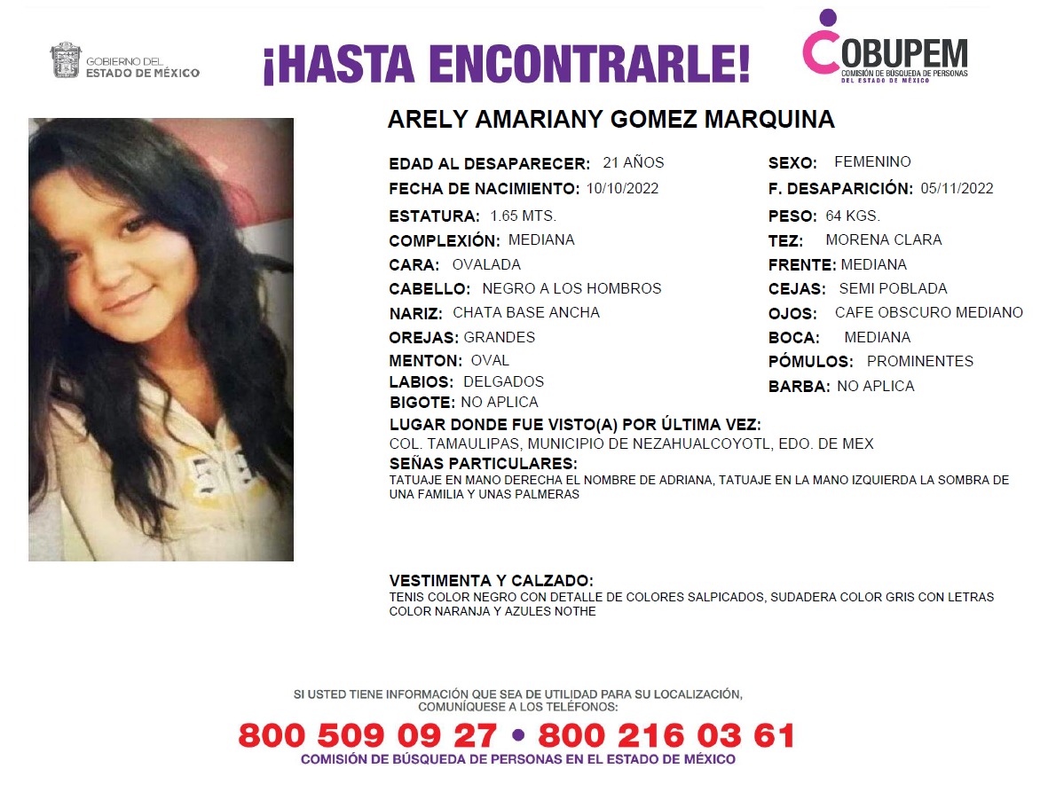 Seguimos buscando a Arely. Los primeros días son fundamentales para su localización y ya son seis que no se sabe nada de ella. Por favor, difundan. Gracias. <a href="/lopezobrador_/">Andrés Manuel</a> <a href="/A_Encinas_R/">Alejandro Encinas</a> <a href="/Busqueda_MX/">Comisión Nal. de Búsqueda Mx</a> <a href="/FGRMexico/">FGR México</a> <a href="/ONUMujeresMX/">ONU Mujeres México</a> <a href="/kiquinta/">Karla Quintana O.</a> <a href="/depie_mujeres/">Mujeres de Pie</a> <a href="/GlorietaMx/">Glorieta de las y los Desaparecidos</a> <a href="/ObDesaparicion/">Observatorio sobre Desapariciones e Impunidad</a>