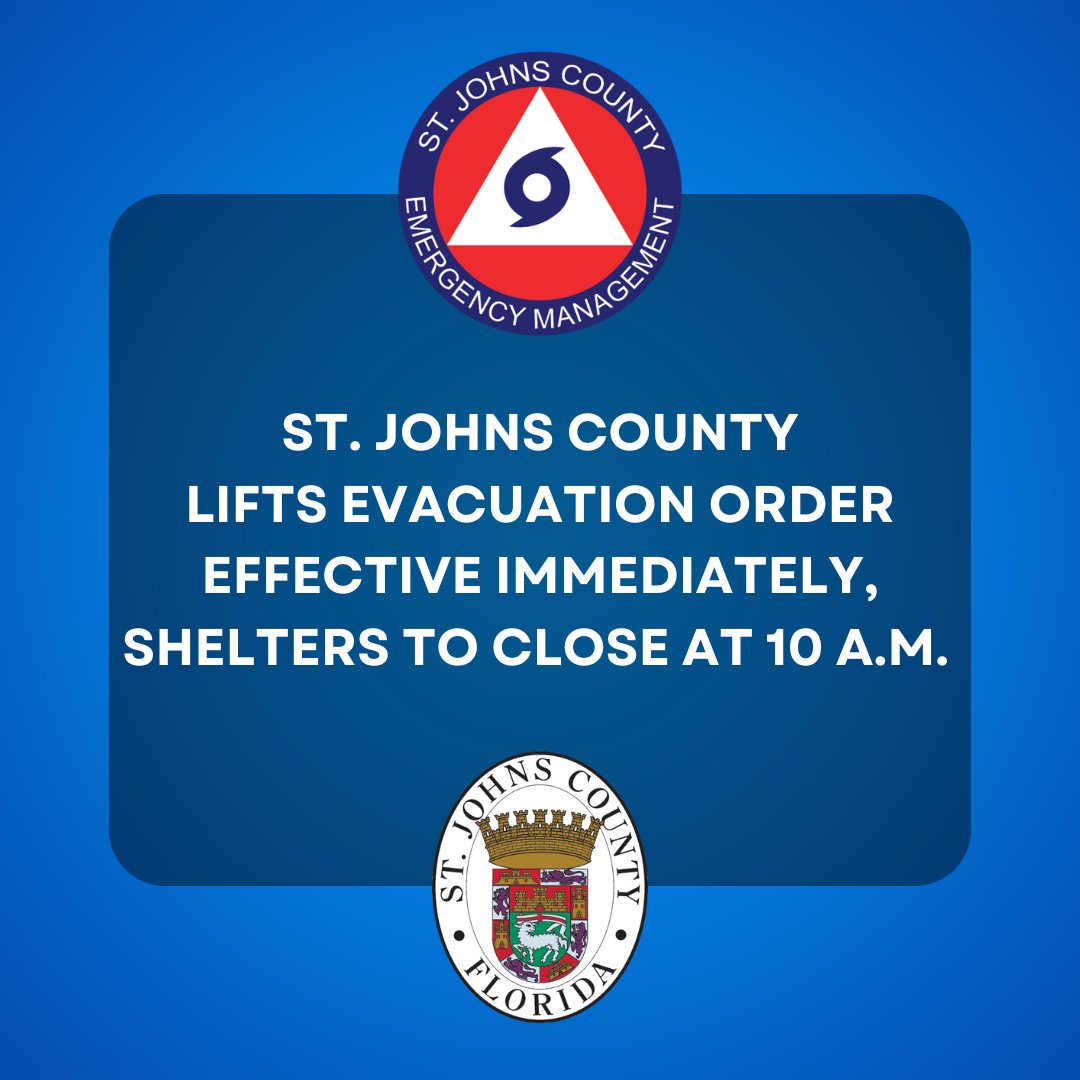 StJohnsEOC's tweet photo. Effective immediately on Friday, Nov. 11, voluntary evacuation orders for all zones enacted in St. Johns County in response to Tropical Storm Nicole have been lifted and shelters will begin demobilizing and close at 10 a.m.
 
For more information, call 904.824.5550. https://t.co/HZAtUpCIma