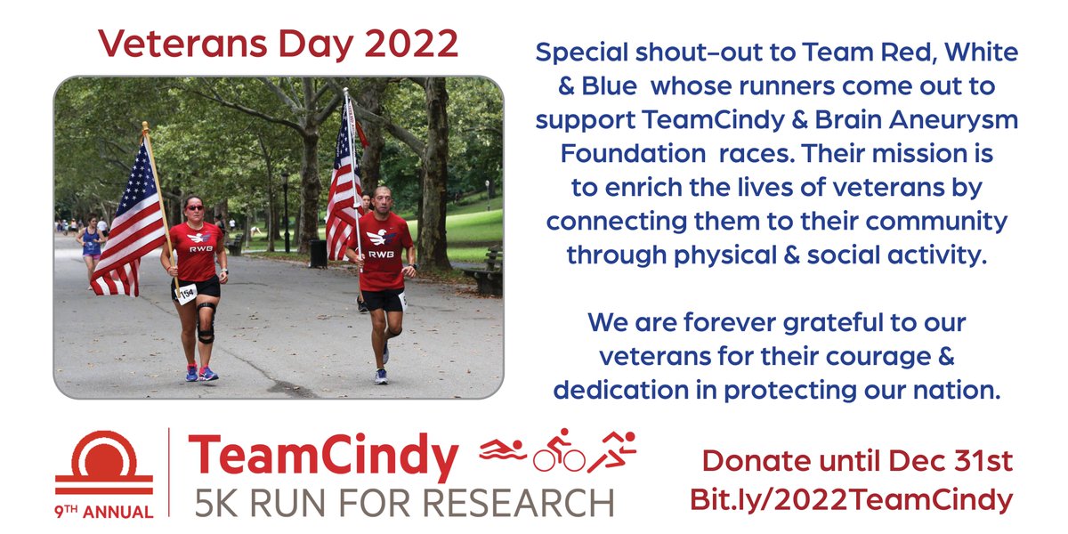 Special shout-out to <a href="/TeamRWB/">Team Red, White & Blue</a> whose runners come out to support #TeamCindy5k &amp; <a href="/BAFOUND/">Brain Aneurysm Foundation</a> races. We are forever #grateful to our #veterans for their #courage &amp; #dedication protecting our #nation. #VeteransDay2022 #brain #aneurysm #research #AwarenessMatters Bit.ly/2022TeamCindy