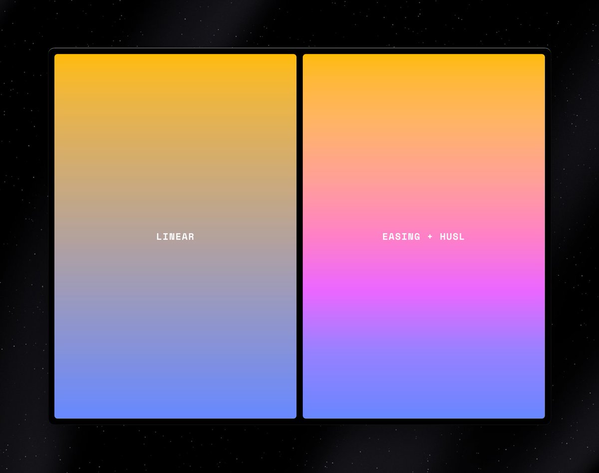 benjaminnathan's tweet photo. Exploring easing gradients in @framer. Both gradients go from #FFBB00 to #6688FF. On the left we have a normal Linear Gradient, on the right we have an Easing Gradient with 6 stops, set to Ease In Out, interpolated using human-friendly HSL (https://t.co/IC96O5qWyn). https://t.co/LLQKJ8WGuP