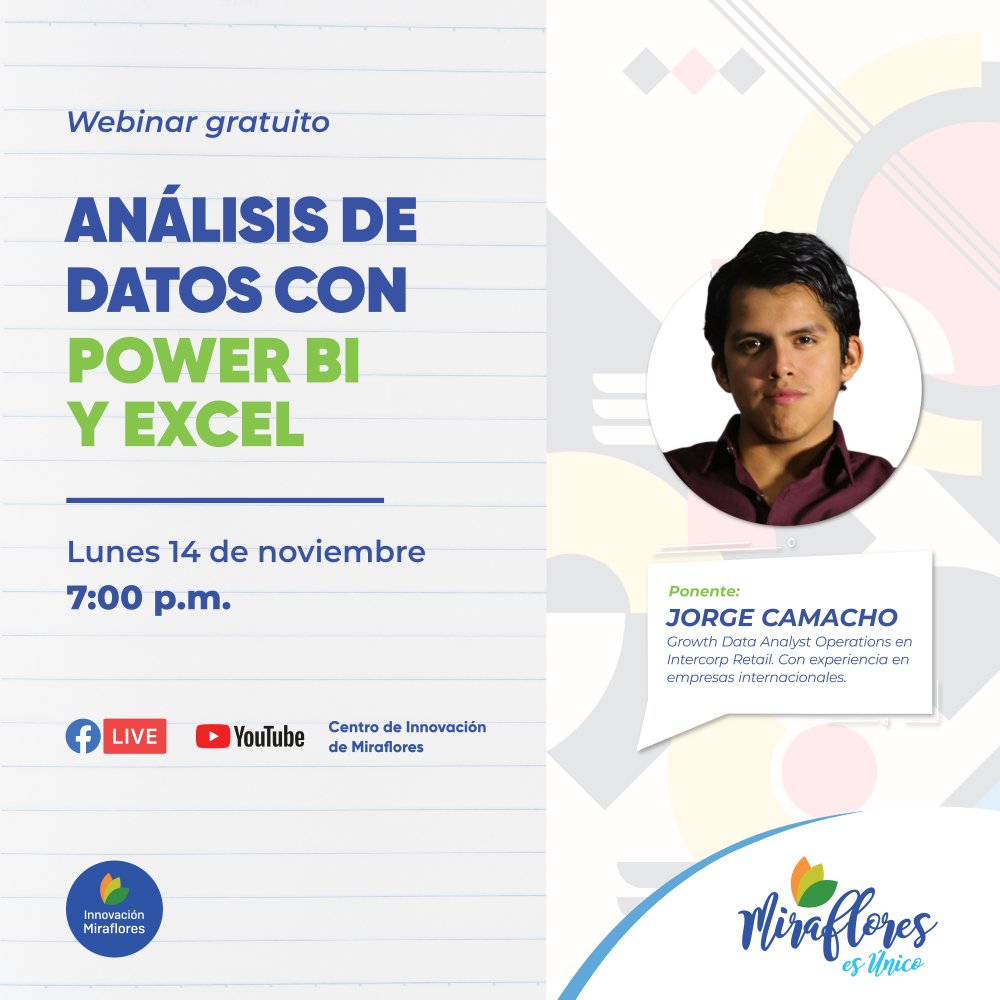 MirafloresLab's tweet photo. ¿Te gustaría saber lo que el #análisisdedatos puede hacer en las empresas? ¿Y cómo realizarlo con #PowerBI y Excel? Entonces, este webinar es para ti. ¡No te lo pierdas!
📅 Lunes 14 de noviembre
🕖 7:00 p.m.
🎫 Inscripciones: https://t.co/lRaPCqwLFD 
#InnovaciónMiraflores https://t.co/z6W56E8FjR