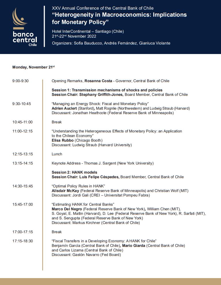CBChileresearch's tweet photo. 🚨It is our great pleasure to invite you to the XXV Annual Conference of the @bcentralchile 🚨
“Heterogeneity in Macroeconomics: Implications for Monetary Policy”
November 21-22
Organized by S. Bauducco, @andresfernanm and @glviolante … 1/ https://t.co/gcoPsiyGEx