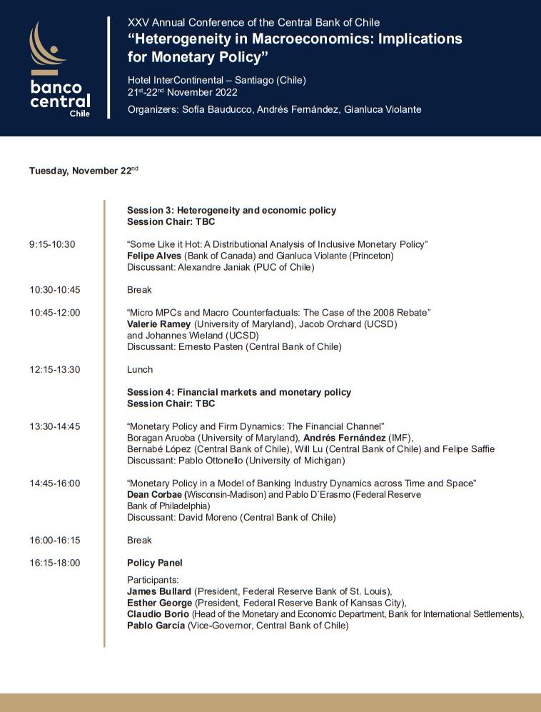 CBChileresearch's tweet photo. 🚨It is our great pleasure to invite you to the XXV Annual Conference of the @bcentralchile 🚨
“Heterogeneity in Macroeconomics: Implications for Monetary Policy”
November 21-22
Organized by S. Bauducco, @andresfernanm and @glviolante … 1/ https://t.co/gcoPsiyGEx