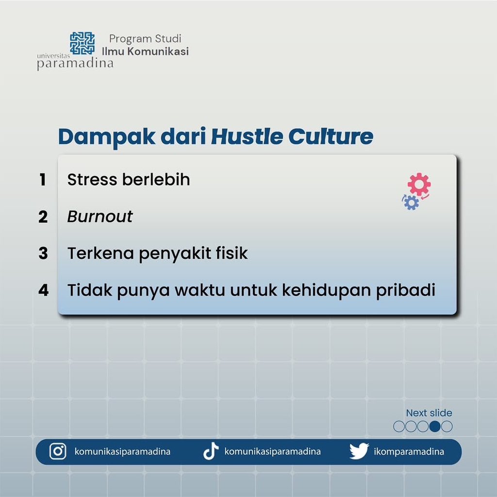 ikomparamadina's tweet photo. mempertimbangkan untuk mulai mengutamakan kualitas hidupmu juga selain pekerjaan biar kamu enggak terjebak 'Hustle Culture' 🤓

#temanmahasiswa #hustleculture #tipshustleculture #ilmukomunikasi #paramdinauniversity https://t.co/q3oyddSwzc
