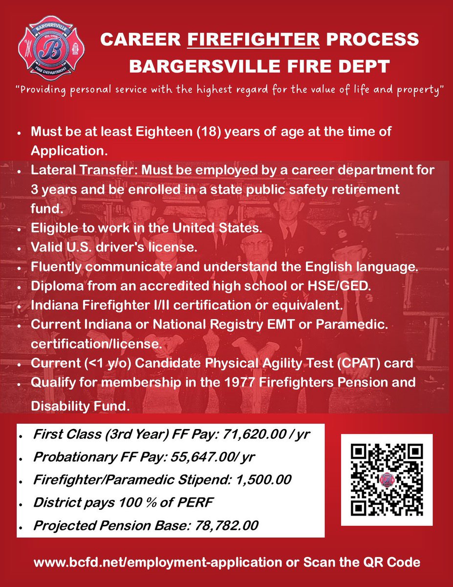 BCFD20's tweet photo. Bargersville Fire is projected to hire 9 career firefighters and 6 Career Paramedics by April of 2023. Do not miss this opportunity to join one of Indiana's fastest-growing fire departments. The application process will close on December 2, 2022, at 08:00.
https://t.co/KLy99eAMYX https://t.co/xnA6MhE9h1