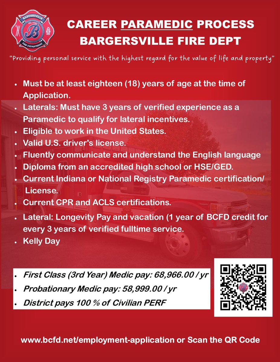 BCFD20's tweet photo. Bargersville Fire is projected to hire 9 career firefighters and 6 Career Paramedics by April of 2023. Do not miss this opportunity to join one of Indiana's fastest-growing fire departments. The application process will close on December 2, 2022, at 08:00.
https://t.co/KLy99eAMYX https://t.co/xnA6MhE9h1