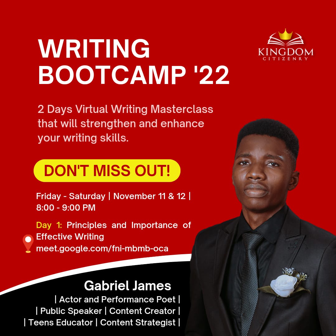 mrsemajofficial's tweet photo. Do you want to Enhance Your Writing Skills? 

Get ready for a power-packed 2 Days Virtual Writing Masterclass featuring Mr Semaj  

Don't miss out!!
Check flyer for details 

#writerscommunity #writingtips #WritingHacks #writingadvice #writingbootcamp #writers #KingdomCitizenry https://t.co/sJcRAM7jnv