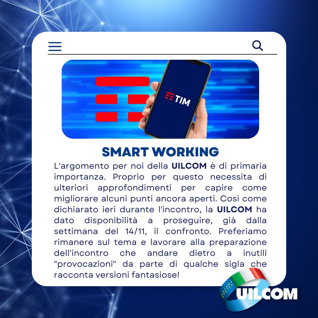 GRUPPO TIM - trattativa LAVORO AGILE.

Continua la trattiva sul tema “Smart working“.
Necessari approfondimenti per capire come migliorare alcuni punti aperti”
<a href="/SalvoUgliarolo/">Salvo Ugliarolo</a>