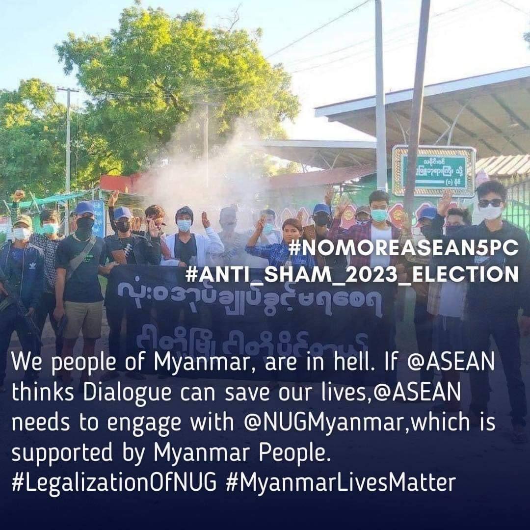 HighHigh234's tweet photo. #UselessASEAN and Min Aung Hlaing have agreed their Useless 5 Points consensus.@ASEAN has not made even the small amount 
to put pressure on Min Aung Hlaing to stop #CrimesAgainstHumanity.We demand @ASEAN to implement new approach for #NoMoreAsean5PC
#Anti_Sham_2023_Election https://t.co/X9ImLKfRv8