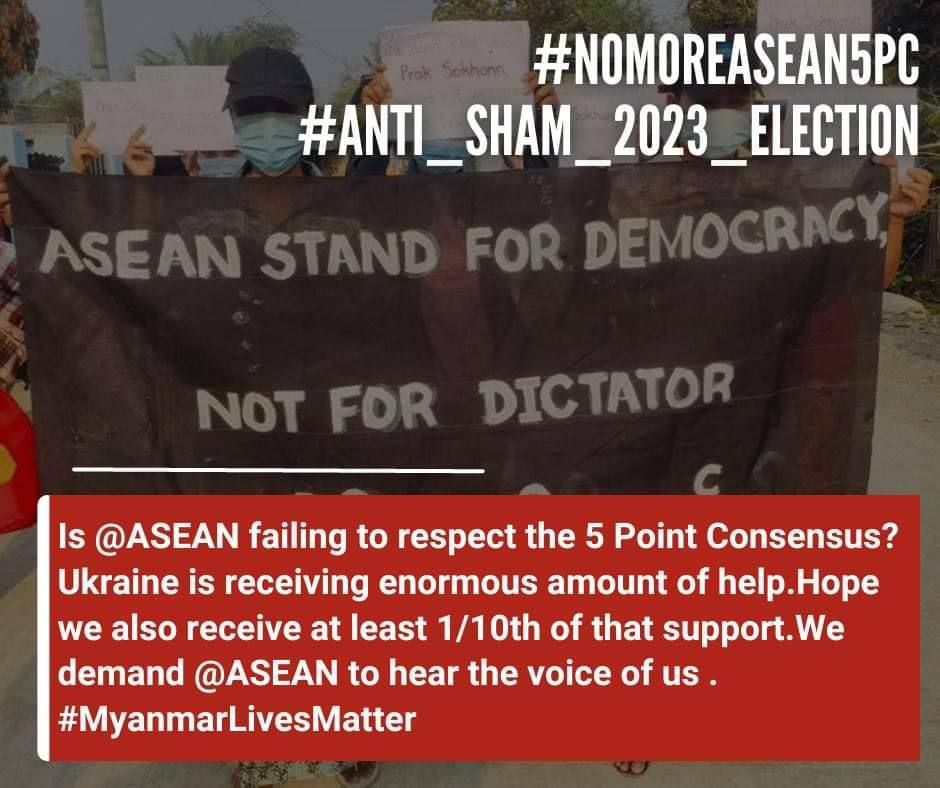 HighHigh234's tweet photo. #UselessASEAN and Min Aung Hlaing have agreed their Useless 5 Points consensus.@ASEAN has not made even the small amount 
to put pressure on Min Aung Hlaing to stop #CrimesAgainstHumanity.We demand @ASEAN to implement new approach for #NoMoreAsean5PC
#Anti_Sham_2023_Election https://t.co/X9ImLKfRv8
