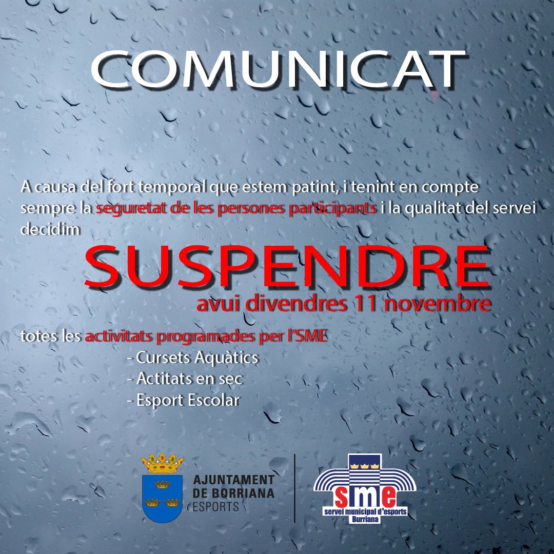 A causa del fort temporal que estem patint, i tenint en compte la seguretat de les persones participants i la qualitat del servei decidim SUSPENDRE les activitats programades per l'SME.

#AjuntamentBorriana
#AyuntamientoBurriana
burriana.es
sme.burriana.es