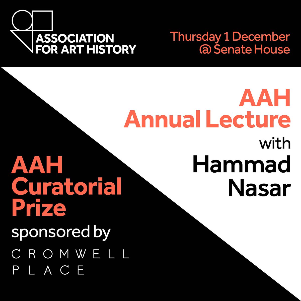 #AAHAnnualLecture #HammadNasar #AAHCuratorialPrize 

With respect for the industrial action in the Uni sector on 30 Nov, in which Senate House is taking part, we have moved this event to:

🗓 Thu 1 Dec
⏰ 6.30pm GMT
📍Senate House

Booking essential 👉forarthistory.org.uk/events/aah-ann…