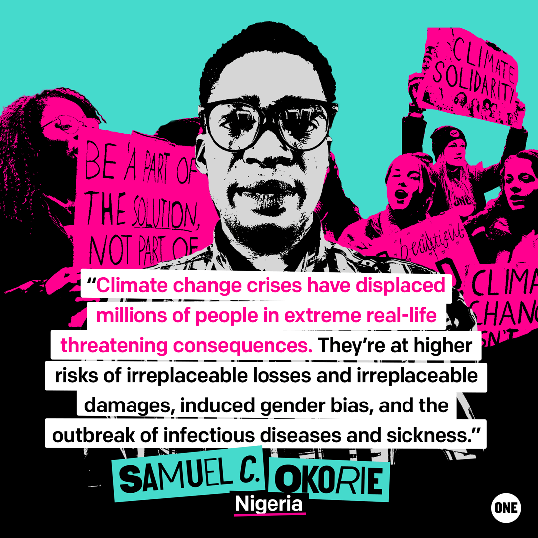 ONEintheUK's tweet photo. The #ClimateCrisis isnโt going anywhere, and neither are we๐ขClimate activists like @SamuelCOkorie are demanding justice for communities hit hardest. Join Samuel & fight for climate justice by signing @ONECampaignโs petition๐https://t.co/RidyI7mPKB #COP27 #OneForClimateAction https://t.co/elh0nBe3Pw