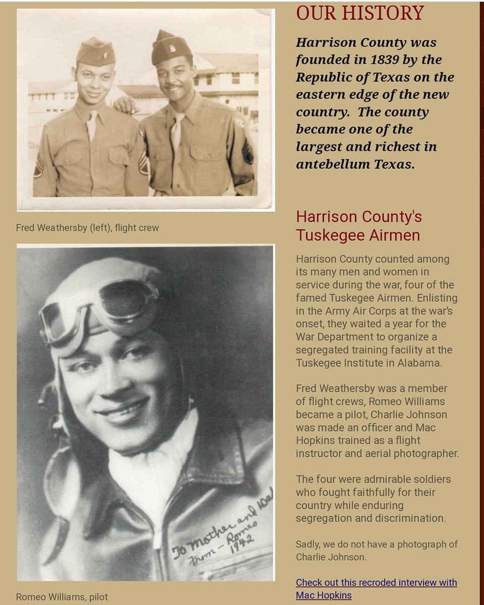 My Grandfather was and is embedded in our nations history as a Tuskegee Airmen during World War II. Thank You to the Service Women and Men who protects our country selfishly.

#VeteransDay2022 #tuskegeeairmen #WorldWarII #harrisoncountymuseum #marshalltx