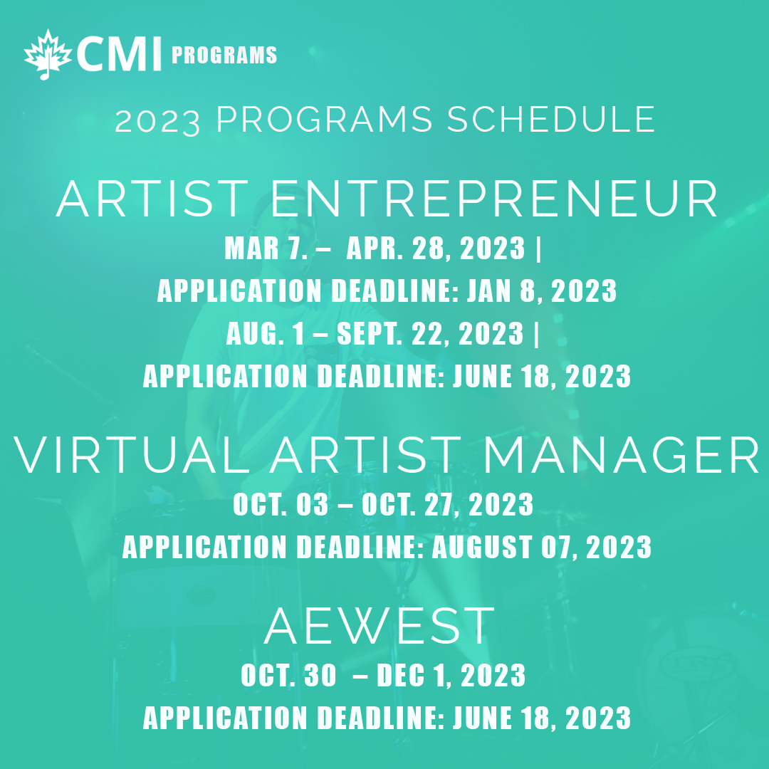 Applications for our 2023 Artist Entrepreneur program close on January 8th! 
Head to our website to apply. canadasmusicincubator.com/cmi-programs/