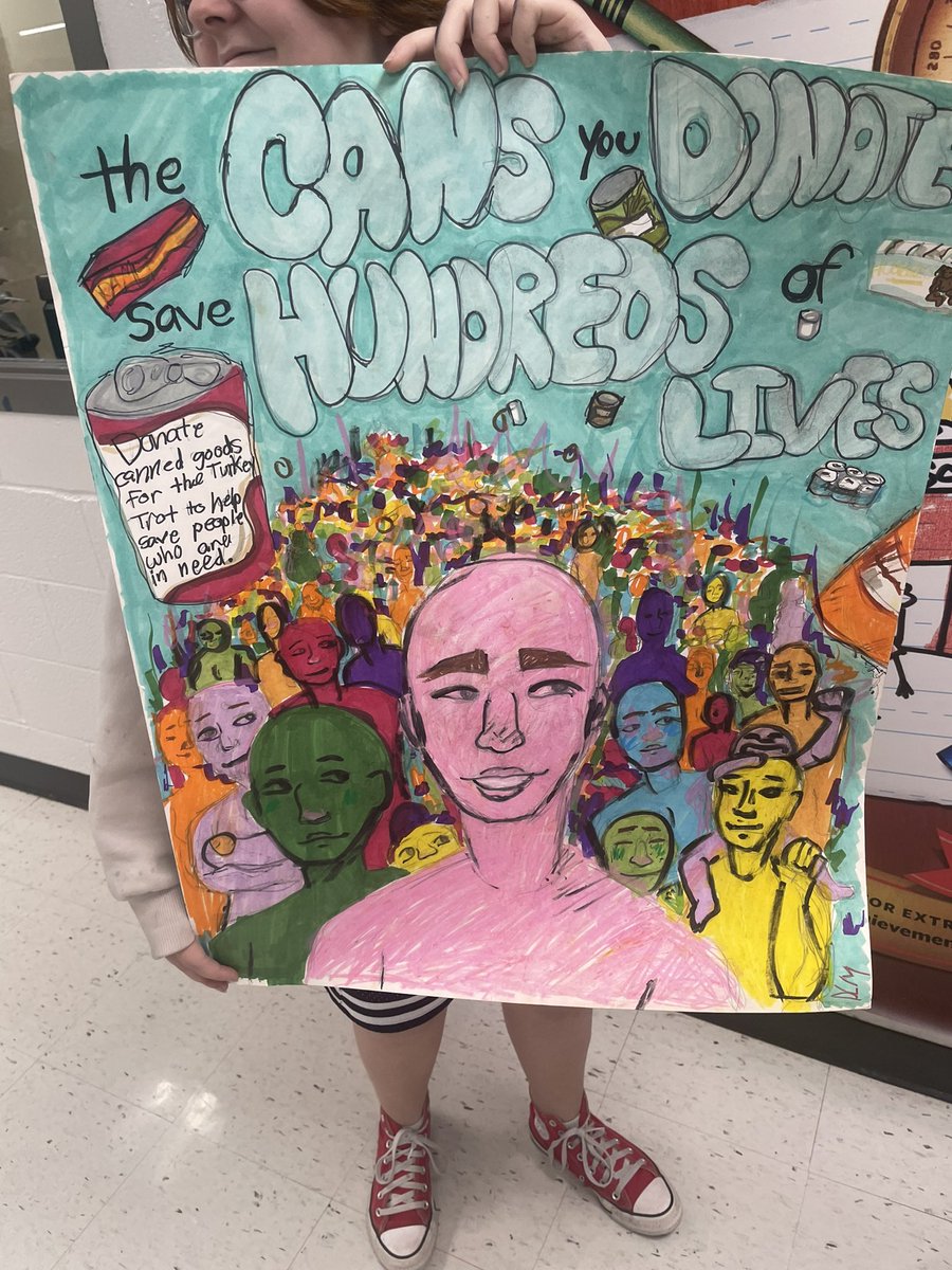 BethWhite24's tweet photo. We have kicked off our annual Turkey Trot canned food drive. 5th graders are making posters to share the importance of giving to help others and the impact kids can have on our community. Blown away by the artwork of one of our students. @JCPSAsstSuptES #backpack  #turkeytrot https://t.co/jYWmeWjnD4