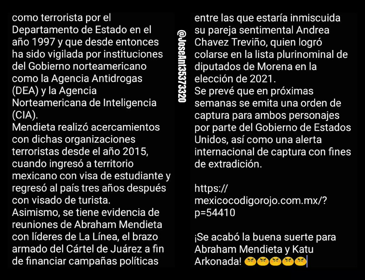 JoseAnt35373320's tweet photo. 🚨#UltimaHora🚨 Emite USA alerta de búsqueda y captura en contra de Abraham Mendieta y Katu Arkonada por actividades terroristas. Éstos conocidos agitadores políticos son buscados por actividades subversivas en territorio mexicano y sus relaciones con ETA

https://t.co/5RlHjMzWLl https://t.co/0kgfNcNLs0