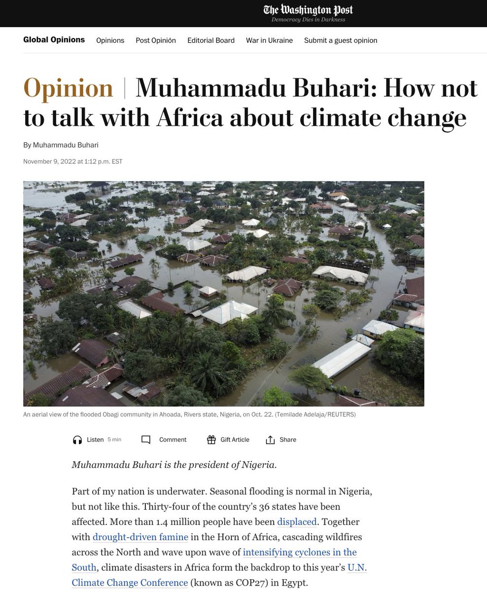 Shen Shiwei 沈诗伟 (@shen_shiwei) on Twitter photo Powerful message from🇳🇬Nigerian President <a href="/MBuhari/">Muhammadu Buhari</a> ahead of #COP27
"Many of my peers are frustrated with Western hypocrisy and its inability to take responsibility. Don’t tell Africans they can’t use their own resources." Powerful message from🇳🇬Nigerian President <a href="/MBuhari/">Muhammadu Buhari</a> ahead of #COP27
"Many of my peers are frustrated with Western hypocrisy and its inability to take responsibility. Don’t tell Africans they can’t use their own resources."