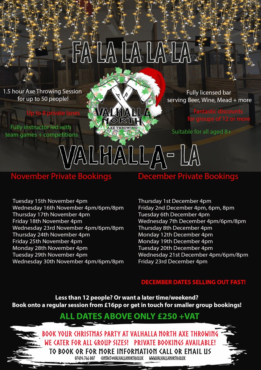 Impress your team with the most axe-citing Xmas Party at Valhalla North!

We cater to most group sizes (1-50) and have some excellent group deals!

We have a fully licensed bar serving alcoholic, soft &amp; hot drinks. Catering can be arranged too!

BOOK NOW to avoid disappointment!