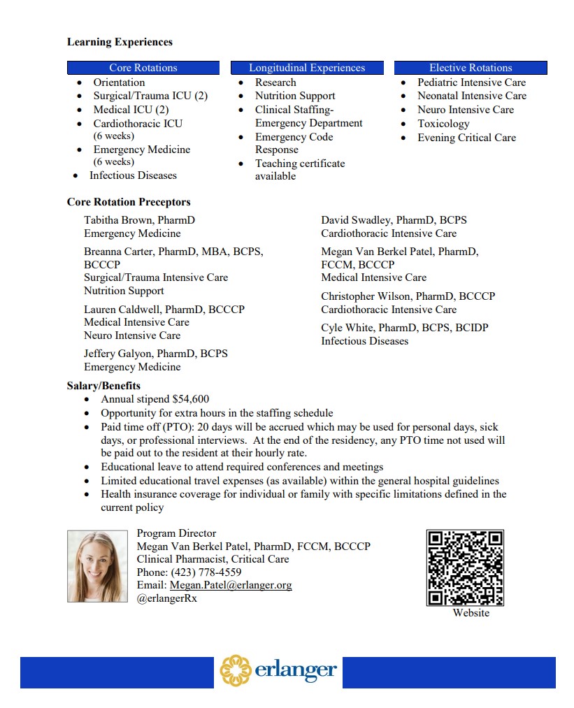 👀 looking for a PGY2 critical care program? Check out ours at Erlanger in Chattanooga <a href="/erlangerhealth/">Erlanger Health System</a> <a href="/ErlangerRx/">Pharmacy Residency Program at Erlanger</a> #pharmres #TwitteRx
#pharmacy <a href="/ACCP/">ACCP</a> <a href="/ASHPOfficial/">ASHP</a> <a href="/SCCM_CPP/">SCCM Clinical Pharmacy and Pharmacology Section</a> <a href="/SCCM/">SCCM</a> <a href="/SCCMSE/">SCCM SE Region</a>

Details about virtual information sessions for PGY1 and PGY2 programs will be coming soon