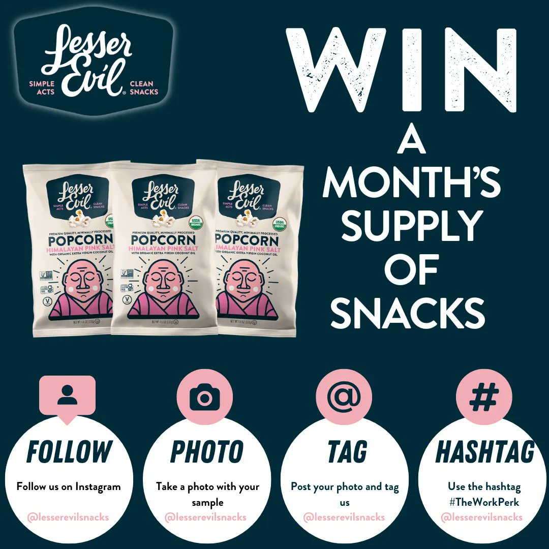 TheWorkPerk's tweet image. It's time for a COMPETITION, we want to see your zen faces! LesserEvil is giving two lucky snackers a month's supply of tasty snacks! 
To enter, follow @LesserEvilSnacks, post a picture tagging us and use the hashtag #TheWorkPerk.

Open to Los Angeles and Miami residents only.