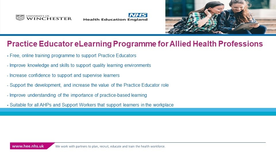 NHSHEE_SEast's tweet photo. Check out the range of useful details and resources on the Practice Educator eLearning Programme for Allied Health Professions - Available free on the Learning Hub from 14 November 2022, Link: https://t.co/7v5Q87IaXI https://t.co/vE6WKMN4CW