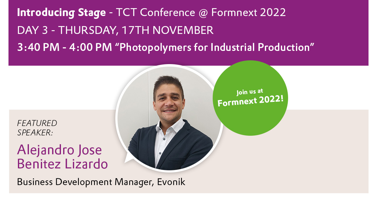 📢 Mark your calendars! Join #Evonik’s Business Development Manager, Alejandro Jose Benitez Lizardo, as he presents “#Photopolymers for Industrial Production” at #FORMNEXT2022, on Thursday, November 17th, at 3:40 PM. You don’t want to miss this! #FORMNEXT ow.ly/uE9I50LAxhU