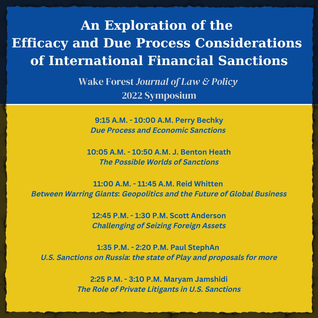 Join us today for our Fall 2022 Symposium: An Exploration of the Efficacy and Due Process Considerations of International Financial Sanctions. Please below for a detailed schedule of events!

Link in bio to view virtually!