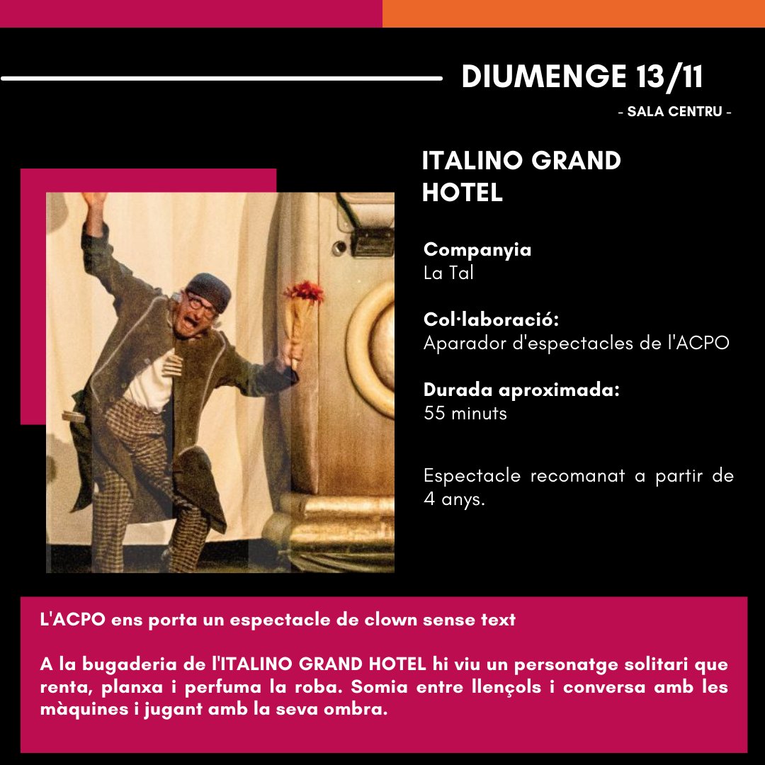 #TMC_ElCentru | 🎭 L' ITALINO GRAND HOTEL arriba a #CanetDeMar en col·laboració amb l'Aparador d'Espectacles de l'ACPO

ℹ️ Espectacle de clown sense text, recomanat a partir de 4 anys.

🕐 13 de novembre a les 12 h

RESERVA LA TEVA ENTRADA
👉🏻 bit.ly/3A7ZXtW