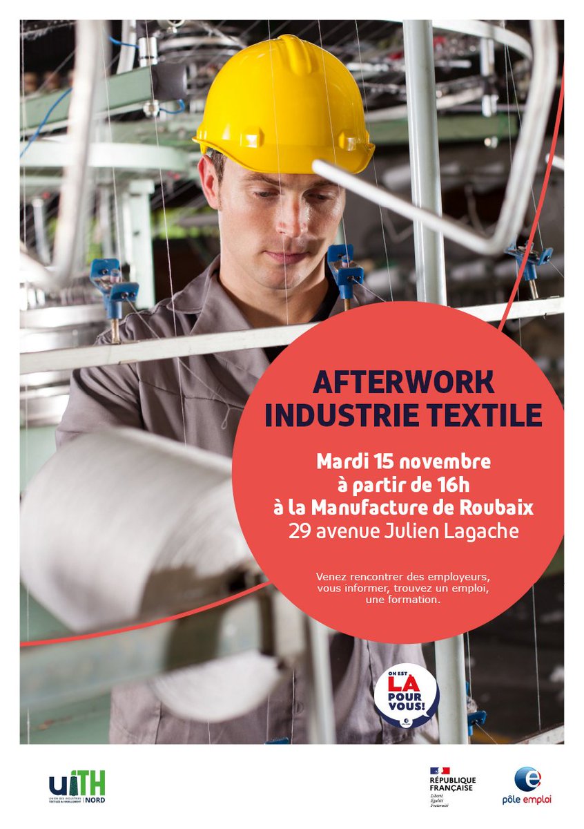 📢Vous recherchez un emploi dans le secteur de l'industrie textile, ne manquez pas cet événement!!
RDV le mardi 15 novembre à partir de 16h à la Manufacture de Roubaix
Merci à <a href="/uith_nord/">UITH Nord</a>  pour cette belle collaboration avec #équipemploi RLP
@FredericDanel <a href="/VChristoffel/">Valérie Christoffel</a> @cyrom1