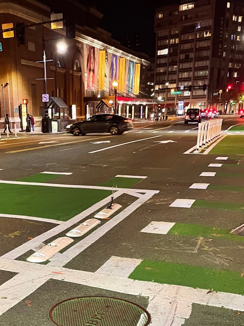 Three brand new flex posts obliterated within days of being installed on Mass Ave x Huntington. This is the intersection where a dump truck driver killed a cyclist four months ago. <a href="/bostonbikeunion/">BostonCyclistsUnion</a> <a href="/CityOfBoston/">City of Boston</a>