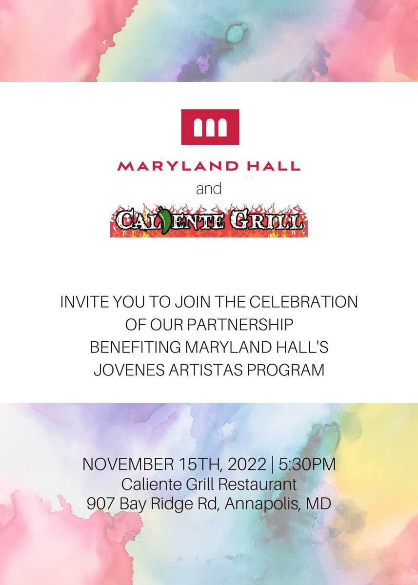 MarylandHall's tweet photo. #MARYLANDHALL & CALIENTE GRILL INVITE YOU TO JOIN US IN SUPPORT OF THE JOVENES ARTISTAS PROGRAM!
TUESDAY, 11/ 15. at 5:30 PM
Caliente Grill Restaurant
907 Bay Ridge Rd, #Annapolis, MD
#JóvenesArtistas: https://t.co/SJl35mFZ3z
#CalienteGrill: https://t.co/UNgyQT14N1 https://t.co/NkaoO5rXlG