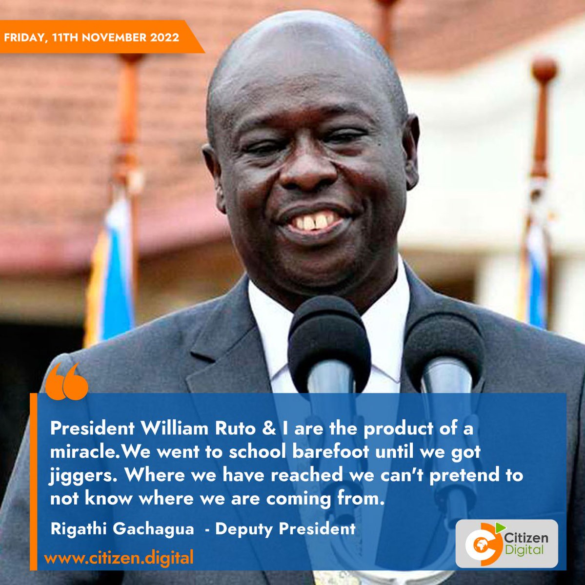 citizentvkenya's tweet photo. President William Ruto and I are a product of a miracle. We went to school barefoot until we got jiggers. Where we have reached, we cannot pretend to not know where we came from – DP Rigathi Gachagua https://t.co/H3HJh4SkJS