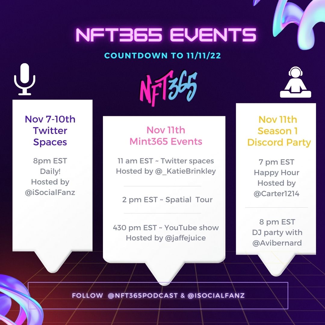 Today is the day! 52 weeks - 8,760 hours - 525K mins. 365 NFTs. 
We want to give a huge shoutout to @isocialfanz <a href="/drewtility/">drew</a> + the #NFT365 team for an amazing year - the best is yet to come! #season2 👀

Pop into today's events to celebrate with us! 🎉🍾