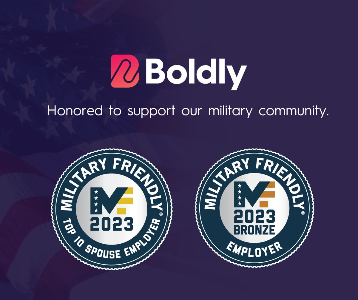 workboldly's tweet image. Boldly has been named a @Mil_Friendly Employer... and made the list as a Top 10 #MilitarySpouse Friendly company! 🏆

We are committed to providing meaningful employment to #militaryspouses -- with the extra flexibility and stability that #militarylife needs!