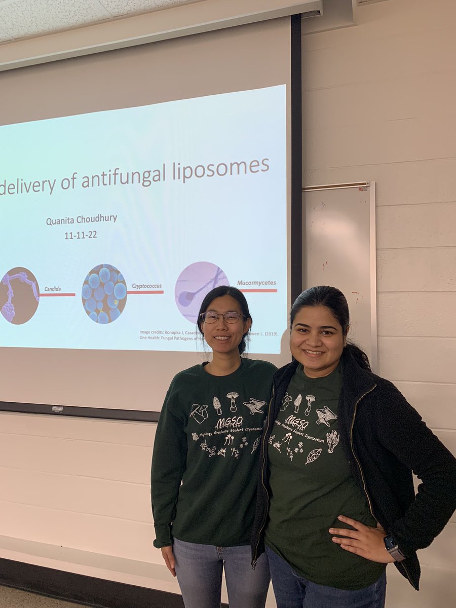 Today’s Fungal Group Friday talk by Quanita Choudhury a PhD candidate in <a href="/UgaChromatinLab/">Zachary Lewis</a> on Antifungal liposomes. Pictured here is <a href="/MinjuKim_uga/">Minju Kim</a> with Quanita in the newest fungal group gear 🍄 great talk Quanita!