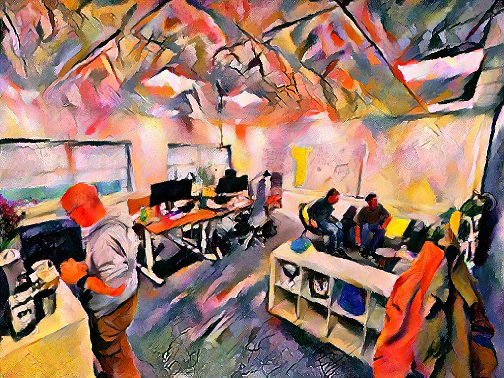 A bigger team requires a bigger office.

This week, we moved down the <a href="/Fibre_Hub/">FibreHub</a> corridor to allow the team to spread out.

Here's a snap of the upgraded space over lunchtime in the style of Kandinsky.

📲 Get in touch if you want to drop by for a coffee.