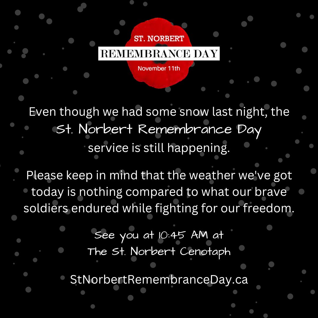 StNorbertFallen's tweet photo. The St. Norbert Remembrance Day service is on. Brush off the car, shovel the driveway, bundle up the family. See you at 10:45 AM at the Cenotaph.
https://t.co/NRpXUoqecT
#stnorbertremembranceday #stnorbertcenotaph #stnortbertfallen #RememberThe13 #ww1soldiers #wewillrememberthem https://t.co/gFmrclGkqz
