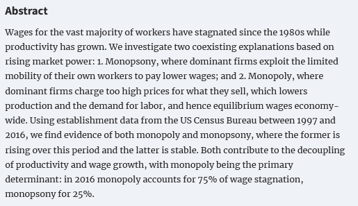 JEEA_News's tweet photo. Forthcoming article by @shubhdeepdeb @jan_eeckhout @AseemPatel and @lfwarren_econ “What drives Wage Stagnation: Monopsony or Monopoly?” @EEANews @OUPEconomics
https://t.co/wobLlauM2M https://t.co/Srr7R91S9T