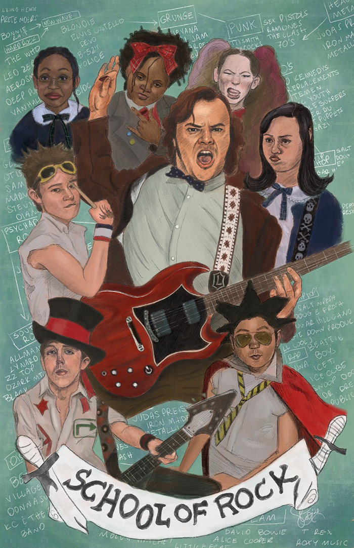 OHillMovienight's tweet photo. Most of you know what the #StandardMoviePoster looks like for #SchoolofRock But here are 3 examples of some fine #FanArt and a nice #AlternateMoviePoster in slot 2. #MoviePosters #AlternatePosters #MovieArt #JackBlack #PandaVacation https://t.co/64n25pCq64