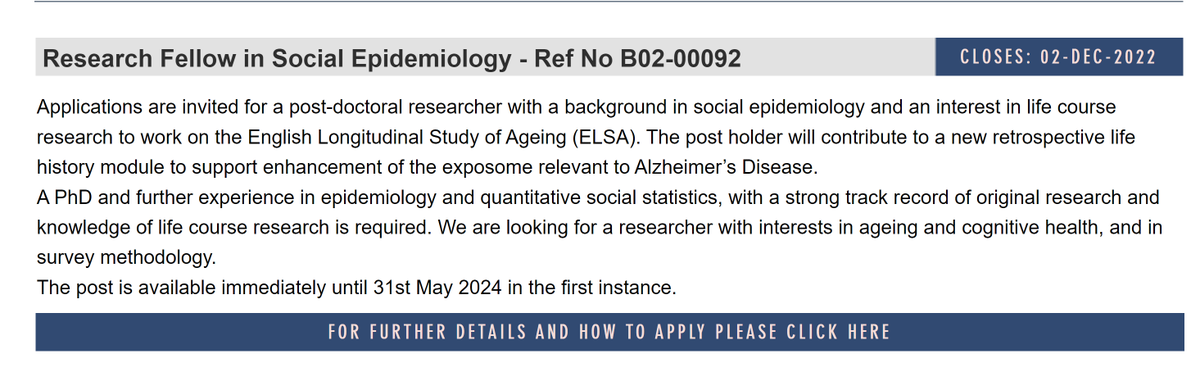Come and join the ELSA team to work on a new retrospective life history module to support enhancement of the Alzheimer's Disease exposome. 

For more info and to apply for this and other ELSA posts, go to:

elsa-project.ac.uk/job-vacancies