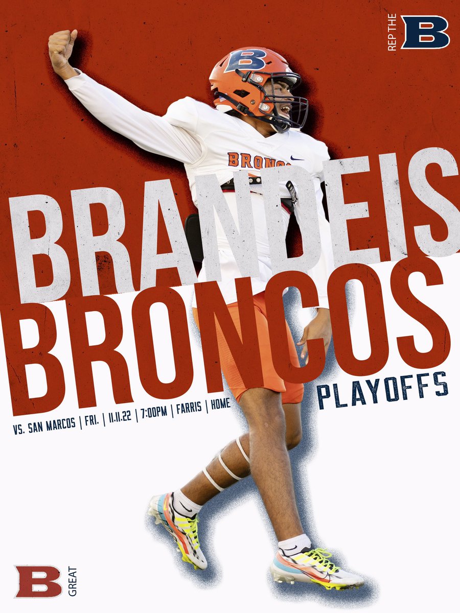 Brandeis High School (@nisdbrandeis) on Twitter photo 🚨🚨IT’S GAME 💙🏈🧡 DAY🚨🚨
The stage is set… Round 1…
Brandeis 🆚 San Marcos HS
📅 Friday, November 11
📍Farris Stadium
⏰ 7:00 PM
🎟️ HOME
#CashOut #RepTheB #Playoffs2022 #OneHeartbeat #LetsRide
<a href="/SaBrandeis/">Broncos Country 🐎</a> <a href="/BroncosBrandeis/">Brandeis Broncos Athletic Booster Club</a> @geriberger08 <a href="/CBruce_Sr/">C. Bruce</a> <a href="/Bronco_Band/">TheSpiritOfBrandeis</a> 🚨🚨IT’S GAME 💙🏈🧡 DAY🚨🚨
The stage is set… Round 1…
Brandeis 🆚 San Marcos HS
📅 Friday, November 11
📍Farris Stadium
⏰ 7:00 PM
🎟️ HOME
#CashOut #RepTheB #Playoffs2022 #OneHeartbeat #LetsRide
<a href="/SaBrandeis/">Broncos Country 🐎</a> <a href="/BroncosBrandeis/">Brandeis Broncos Athletic Booster Club</a> @geriberger08 <a href="/CBruce_Sr/">C. Bruce</a> <a href="/Bronco_Band/">TheSpiritOfBrandeis</a>