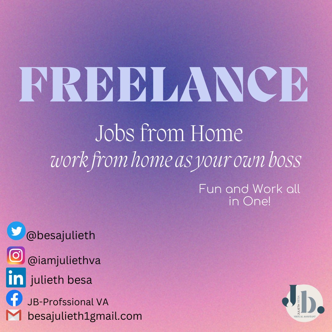 besajulieth's tweet photo. "What benefits you can get being a freelancer?
Flexible Hours,Financial Security
Contact me
FB: JB-Professional VA
Gmail: besajulieth1@gmail.com
IG: @iamjuliethva
#WorkFromHome
#virtualwork
#juliethva
#juliethservices
#valifestyle 
#JBVA
#freelancer
#GVA
#freelancemom
#workingmom https://t.co/ecEmwVlRxo