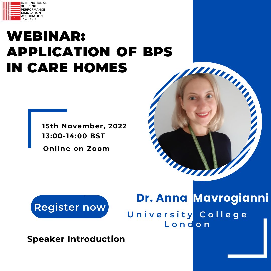 IBPSA-England (@ibpsa_england) on Twitter photo Speaker Introduction: <a href="/MavrogianniAnna/">Prof Anna Mavrogianni</a>
#IBPSA-England #Webinar: Application of BPS in Care Homes
Tue, 15th Nov, 13:00 -14:00 GMT
Register here: lnkd.in/eeGMqMtX
Find more - linkedin.com/feed/update/ur… Speaker Introduction: <a href="/MavrogianniAnna/">Prof Anna Mavrogianni</a>
#IBPSA-England #Webinar: Application of BPS in Care Homes
Tue, 15th Nov, 13:00 -14:00 GMT
Register here: lnkd.in/eeGMqMtX
Find more - linkedin.com/feed/update/ur…