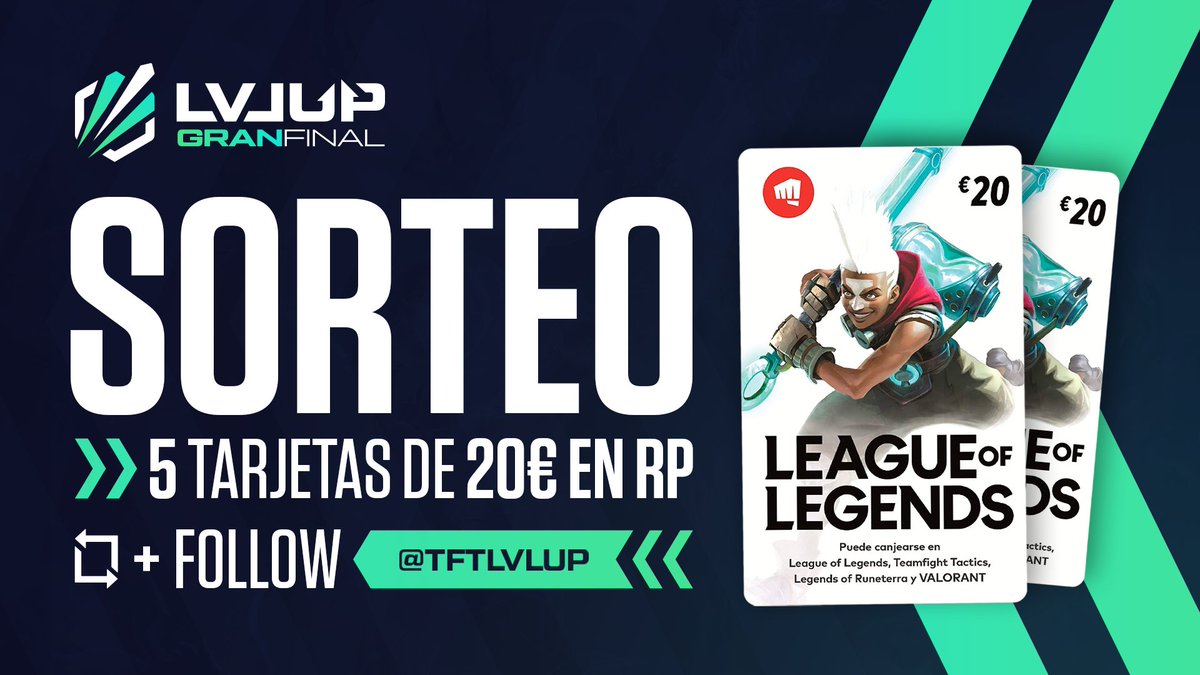 ¡Vamos a celebrar que el domingo llega la #FinalNacionalLVLUP con un SORTEO!

👉 5 TARJETAS DE 20€ EN RIOT POINTS 👈

Para participar:
➡️ Sigue a @tftlvlup
➡️ RT a la publicación

¡El 14 anunciamos ganadores!
💻 tftlvlup.com/news/este-sera…